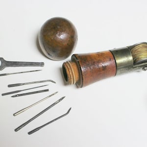 9 Antique Bone Sewing TOOLS: Awl Bodkin Eyelet Punch Ribbon,  Canada