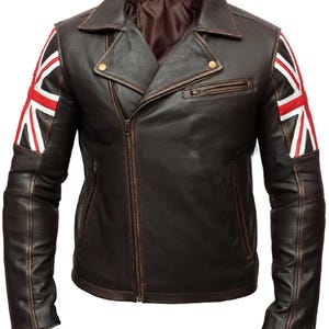 Moto vintage Cafe Racer pour homme avec drapeau du Royaume-Uni - Cuir de vachette véritable avec drapeau du Royaume-Uni | Veste en cuir Union Jack