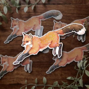 Whimsical Fox Holographic Stars Vinyl Sticker | Large Die-Cut, Water Resistant Forest Animal, Wildlife Artwork