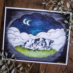 Two-Headed Calf Poem Fine Art Print | Cows in Meadow | Night Sky Animal Artwork | Gold Embellished Marker Illustration