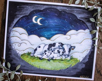Two-Headed Calf Poem Art Print | Gold Embellished Marker Illustration