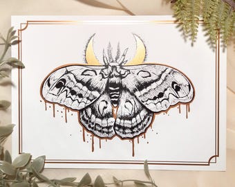 Cecropia Moth Rose Gold Foil Art Print | 5x7 Witchy Nature Artwork | Insect Illustration