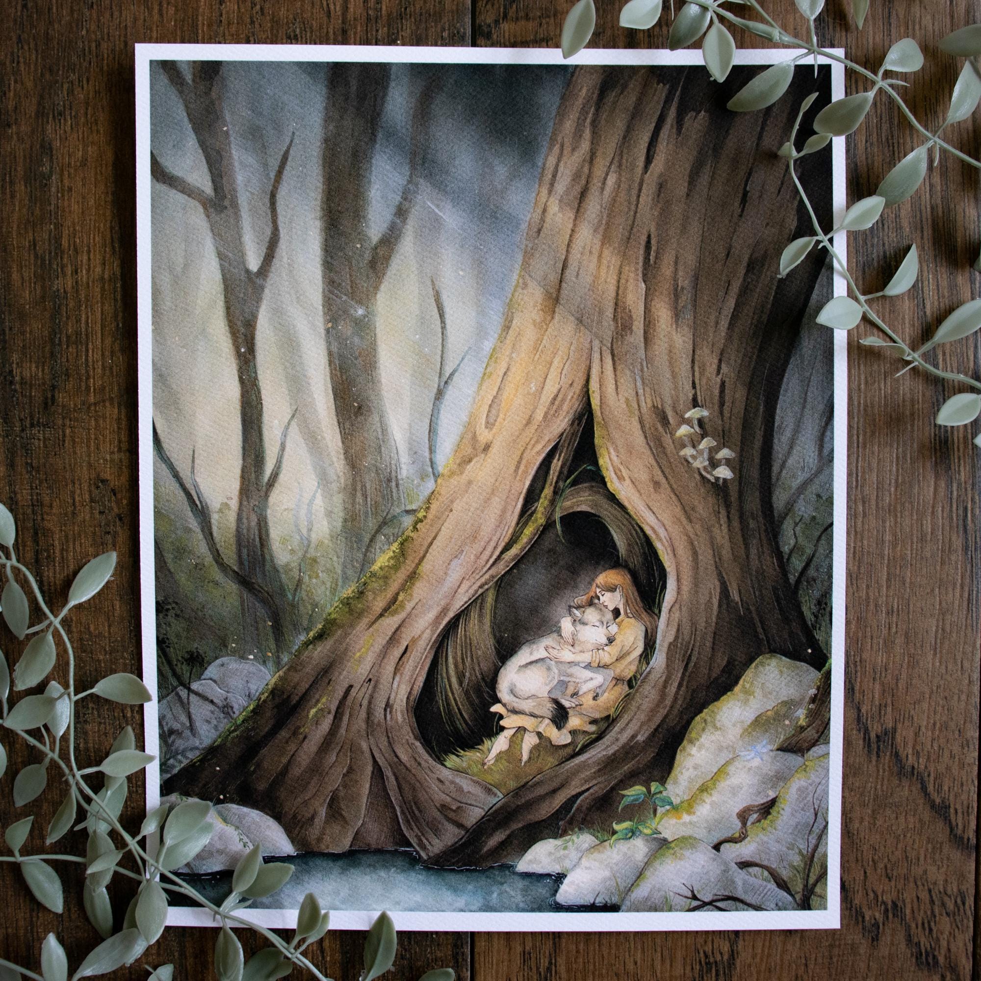 Wolf Lullaby Art Print | Girl and Wolf in Forest Tree (8x10)