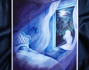 Dance on the Moon Art Print | Girl in Window, Dreamy Moonlit Artwork (8x10)