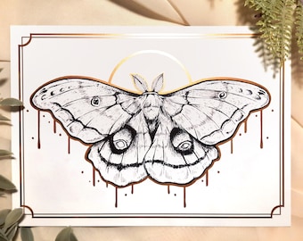 Polyphemus Moth Rose Gold Foil Art Print | 5x7 Witchy Nature Artwork | Insect Illustration