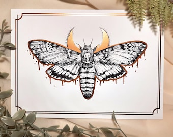 Death's-Head Hawkmoth Rose Gold Foil Art Print | 5x7 Witchy Nature Artwork | Insect Illustration