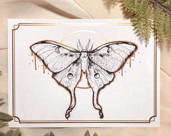 Luna Moth Rose Gold Foil Art Print | 5x7 Witchy Nature Artwork