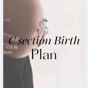 May include: A digital document titled C section Birth Plan featuring a black line art illustration of a pregnant figure. The text is displayed in a black serif font against a soft, light-coloured background, with a focus on the document title.