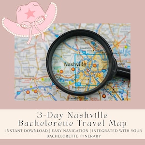 Mapa de viaje para despedidas de soltera en Nashville, lugares para fotos instagrameables, murales, bares, restaurantes, descarga digital, planificador de itinerario de viaje para chicas, editable.