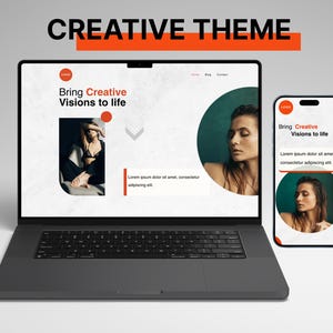 May include: A laptop and smartphone display a website design with the text "Bring Creative Visions to life." The website features a woman's portrait and a black and white photo. The words "CREATIVE THEME" are at the top in black and orange.
