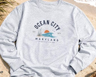 Ocean City Maryland Sunset Waves Long Sleeve Tee | Beach Graphic Summer Lifestyle Fishing Surfing
