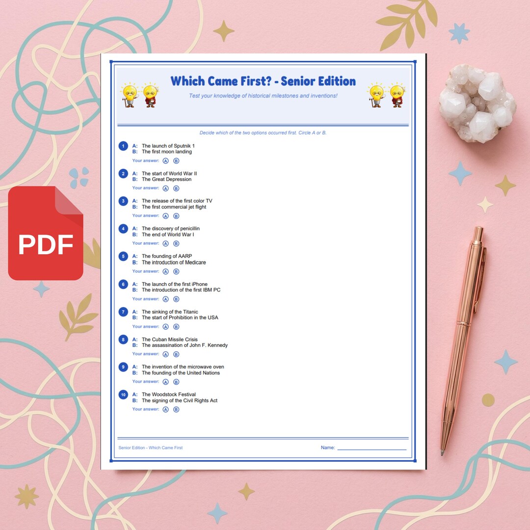 Senior History Game Printable, Which Came First Game for Seniors ...