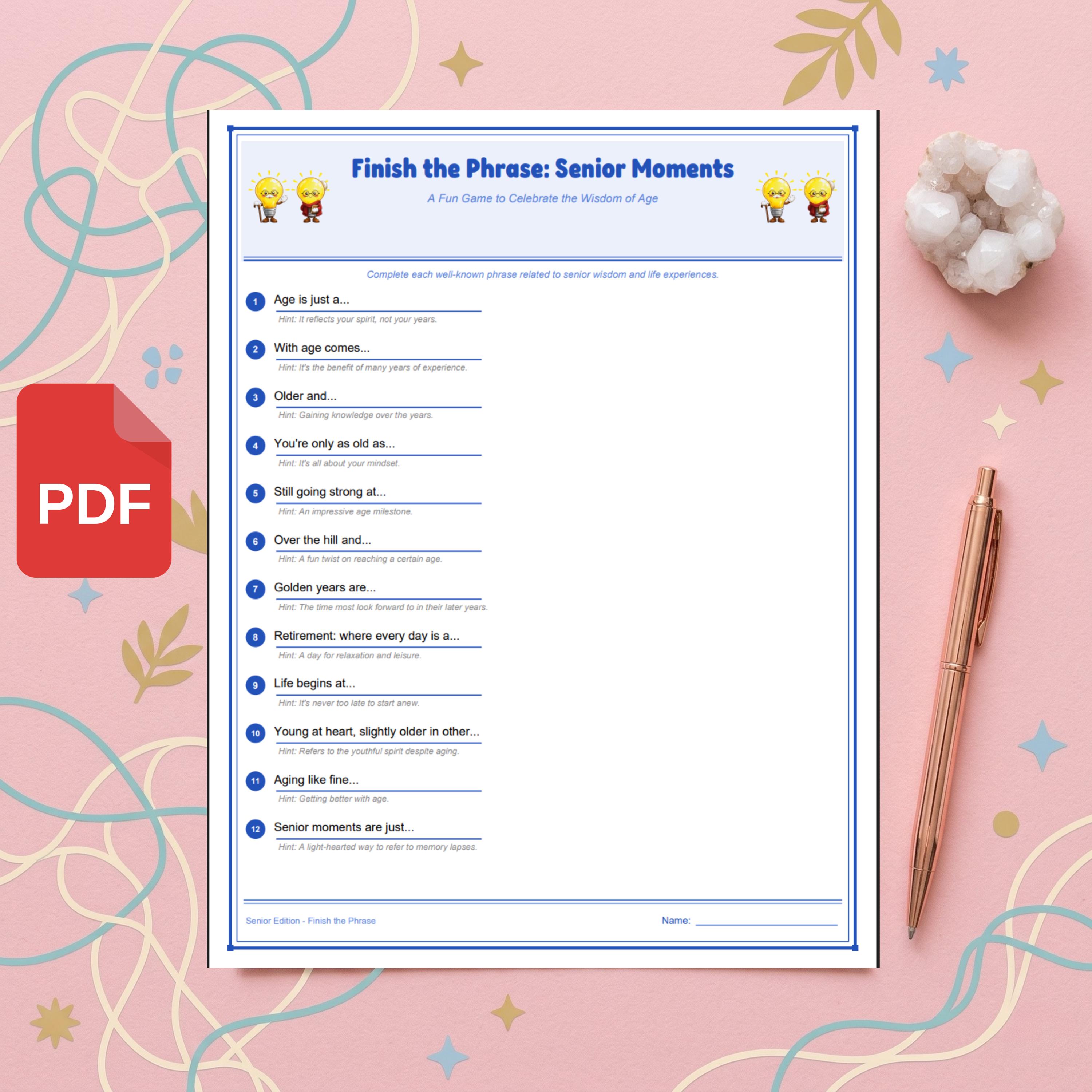 Senior Finish the Phrase Game Printable, Senior Activity PDF ...