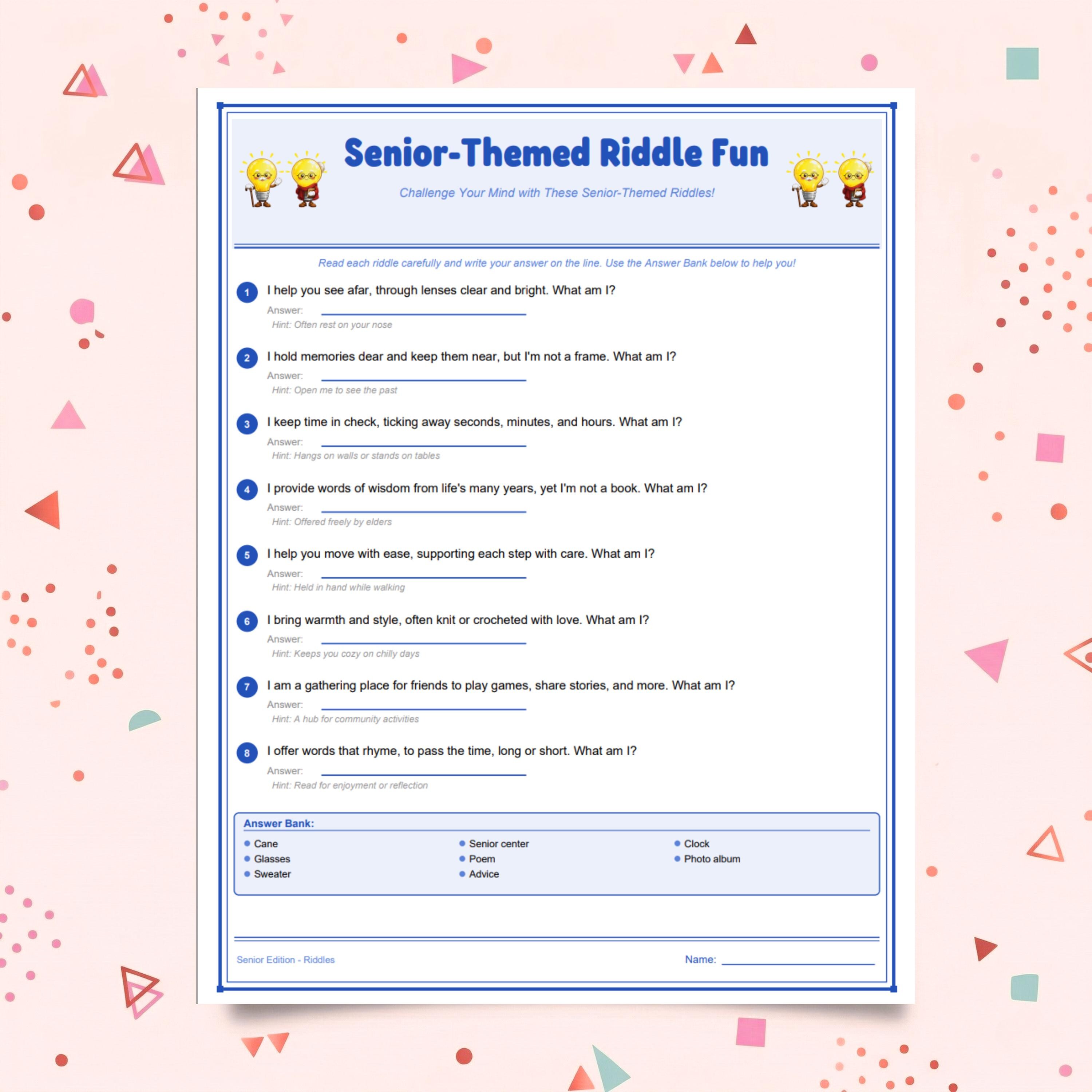 Senior Riddle Game Printable, Senior Activity PDF, Riddle Game for ...
