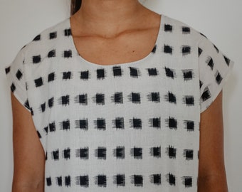 littlefour cream and black square ikat crop top