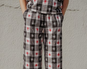 littlefour black and white plaid ikat flood pants