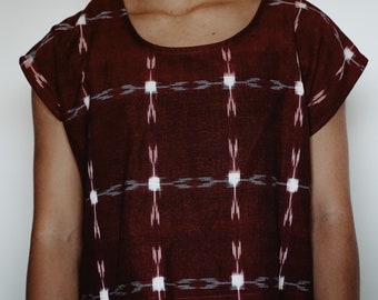littlefour maroon and white grid ikat crop top