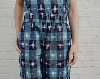 littlefour blue plaid ikat flood pants