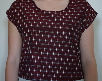 littlefour maroon and white hatch ikat crop top