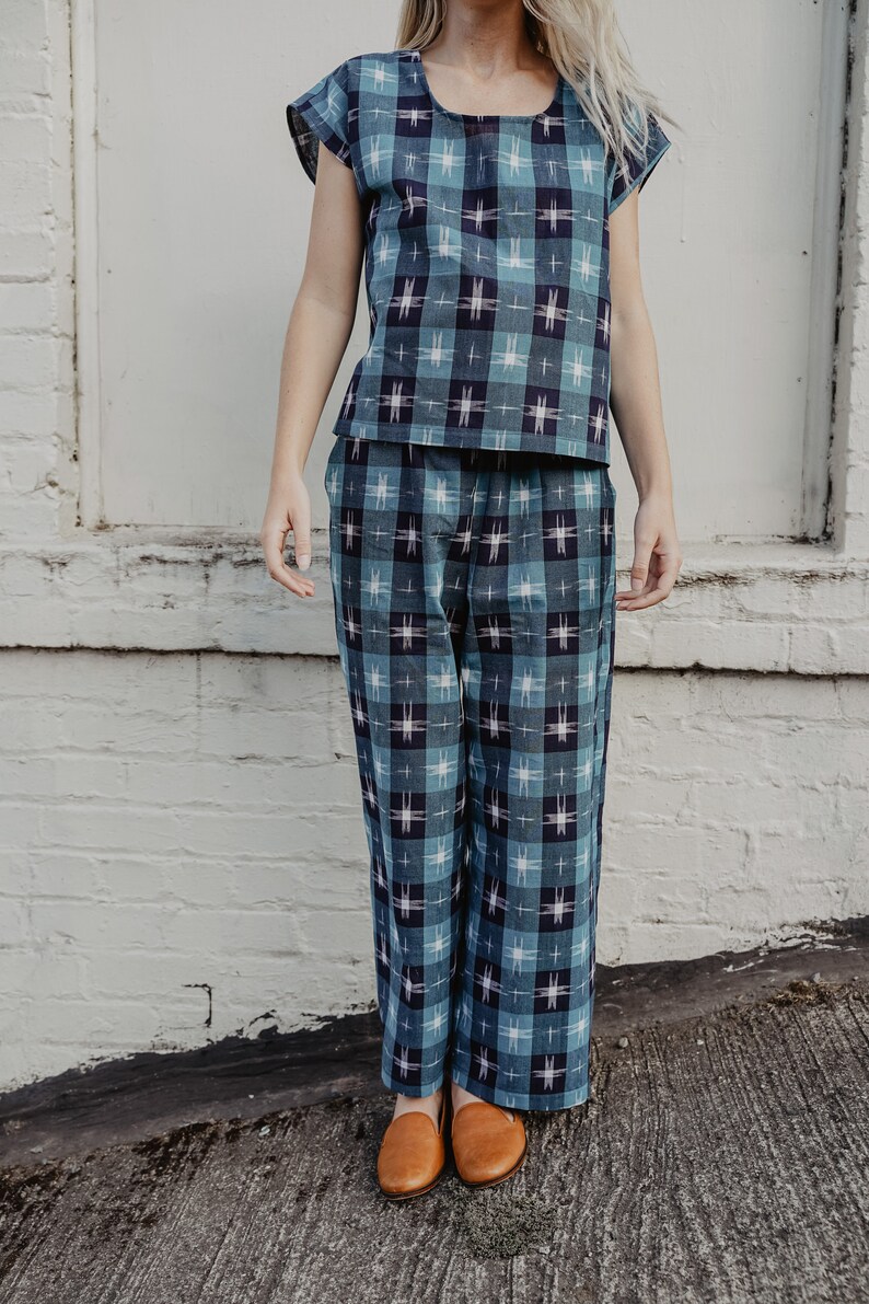 littlefour blue plaid ikat flood pants image 2