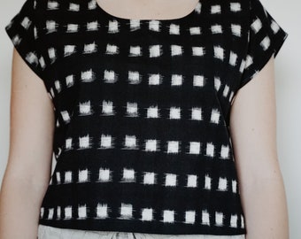 littlefour black and white square ikat crop top