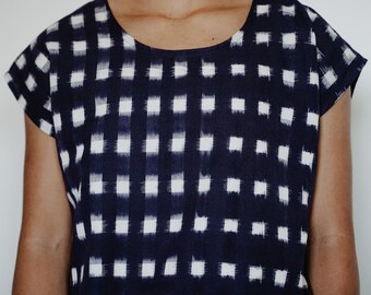 littlefour navy and white square ikat crop top