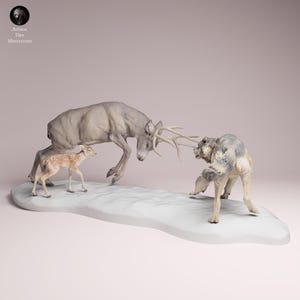 May include: A detailed miniature sculpture depicting a deer, a fawn, and a wolf in a snowy scene. The deer and wolf are engaged in a confrontation, while the fawn stands nearby. The sculpture is painted in shades of gray and white.