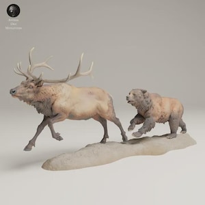 Moose vs Bear Combat Figurine, Animal Den Miniatures, 3D Resin, Home Decor