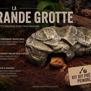 Op de afbeelding: Een getextureerde, grijze rotsachtige schuilplaats voor terraria, met een klein reptiel zichtbaar van binnen. De afbeelding bevat Franse tekst: "LA GRANDE GROTTE" en "KIT DIY PRÊT À PEINDRE". Ontworpen voor kleine en grote dieren.