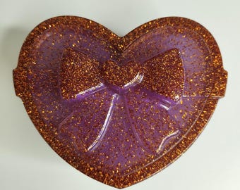 Purple Gold Glitter Resin Heart Box - Handmade Sparkle - Romantic Gift 3.9x3.5x2in