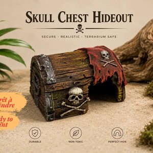 May include: A brown, wood-textured skull chest hideout for terrariums featuring a red tattered cloth draped over the top, a skull and crossbones emblem on the front, and metallic-colored corner accents. Text includes Skull Chest Hideout.