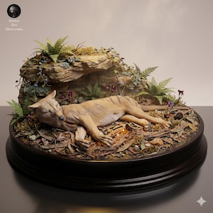 Op de afbeelding: Gedetailleerd miniatuur diorama met een rustende buidelwolf, of Tasmaanse tijger, op een bed van bladeren en mos. De scène omvat een rotsformatie met varens en kleine paarse bloemen, alles in een donkere houten basis.