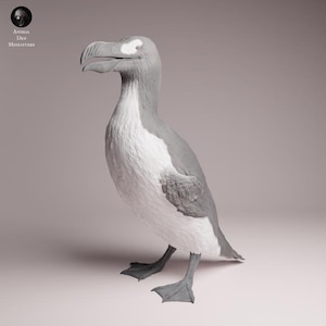 May include: A grey and white sculpture of a Dodo bird. The bird has a large beak, a long neck, and webbed feet. The sculpture is standing on a light pink surface. The Animal Den Miniatures logo is in the upper left corner.
