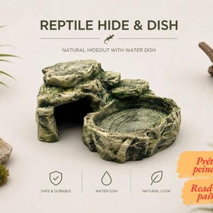 Könnte beinhalten: Ein Reptilienversteck mit Wasserschale in texturierter Felsoptik in Grün- und Grautönen. Die Struktur umfasst einen hohlen Höhleneingang und ein integriertes kreisförmiges Wasserbecken. Der Text auf dem Bild lautet REPTILE HIDE & DISH, NATURAL HIDEOUT WITH WATER DISH, SAFE & DURABLE, WATER DISH, NATURAL LOOK und Ready to paint.