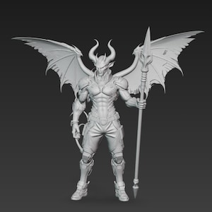 May include: A detailed 3D model of a winged demon figure, holding a spear. The figure has horns, a muscular physique, and armor-like detailing on the shoulders and legs. The wings are large and spread out, and the overall design is intricate.