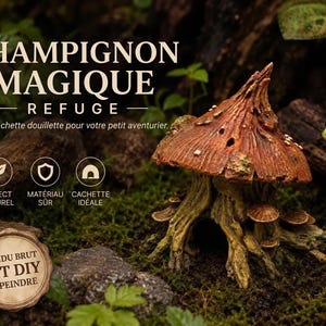 Peut inclure: Image détaillée d'un abri en forme de champignon marron avec le texte "CHAMPIGNON MAGIQUE - REFUGE". L'abri est entouré de mousse verte, de roches et d'une petite grenouille verte. Le texte "KIT DIY À PEINDRE" est également visible.