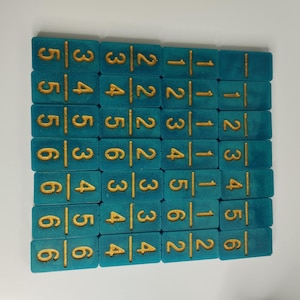 Puede incluir: Un juego de 28 dominós turquesa con números dorados. Los dominós están dispuestos en filas y columnas, con los números del 1 al 6 en cada dominó.