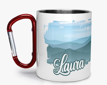 Taza de acero inoxidable personalizada con nombre y diseño de paisaje, un regalo para excursionistas y amantes de la naturaleza.