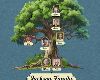 Camiseta clásica personalizada con retrato del árbol genealógico y nombre para 4 generaciones.