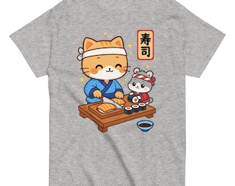 Camiseta kawaii clásica con gato, hámster y sushi, ideal para regalar, estilo japonés.