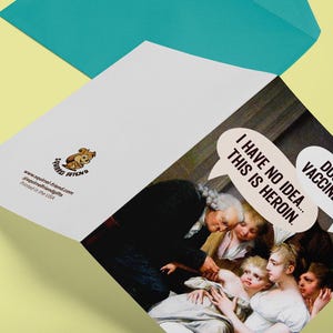 May include: A folded greeting card featuring a classical painting of a medical scene with a speech bubble that reads, I HAVE NO IDEA... THIS IS HEROIN. The back of the card displays a squirrel logo, the text squirrel-friend.com, and Printed in the USA.