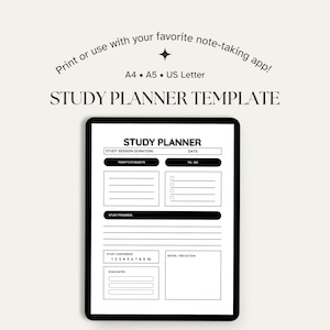 May include: A digital study planner template displayed on a tablet screen. The layout includes sections for study session duration, date, subjects, to-do lists, study progress, confidence rating, notes, reflection, and exam dates in black and white.