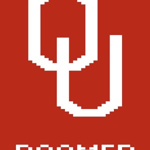 May include: A white pixelated OU logo on a red background with the word "BOOMER" in white below it.