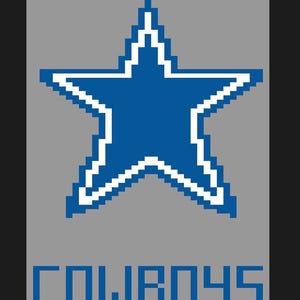 May include: A pixelated image featuring the Dallas Cowboys logo: a blue star with a white outline on a gray background. The word "COWBOYS" is printed in blue block letters below the star. The image has a black border.