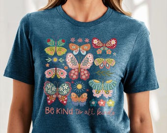 Boho Butterfly T-Shirt: Kind to All Kinds Folk Art Tee, Kindness Summer Shirt