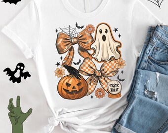 Retro Halloween Ghost T-Shirt: Pumpkin Trick or Treat Tee, Fall Bow Spooky Season Shirt