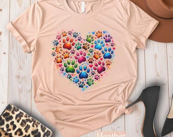 Colorful Paw Print Heart T-Shirt, Pet Lover Gift