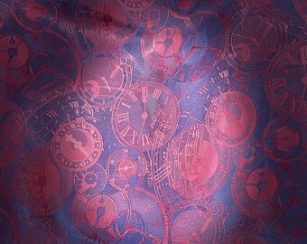 Compass Watch Design Viscose Satin Lining Fabric - Navy Blue & Red