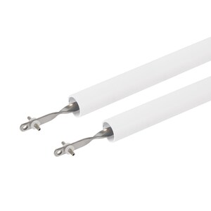 May include: Two white, cylindrical tubes with stainless steel, twisted metal ends. The metal ends have small holes and protrusions. The items are set against a plain white background.