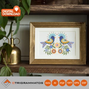 Arte popolare ornamentale russo/slavo/scandinavo botanico uccello felpa, uccelli ornamentali stampabili/file di taglio SVG uccelli/stampa a caldo DTF